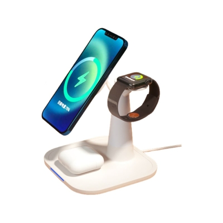 D06 3-i-1 Trådløs Qi Oplader Docking Station til iPhone, AirPods Pro, Apple Watch mm. 15W. Hvid. D06 3-i-1 Trådløs Qi Oplader Docking Station. 15W. Hvid.