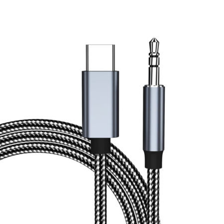 USB-C til 3.5 mm Minijack Audiokabel. Kvalitets Kevlar-flettet kabel. Grå USB-C til 3.5 mm Minijack Audiokabel. Kvalitets Kevlar-flettet kabel. Grå
