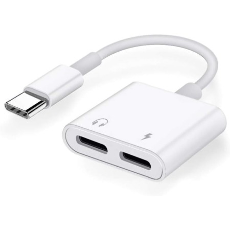 USB-C splitter. Dual opladning og earphone adapter. USB-C til USB-C splitter. Hvid. Praktisk USB-C splitter. Dual opladning og earphone adapter. Hvid.