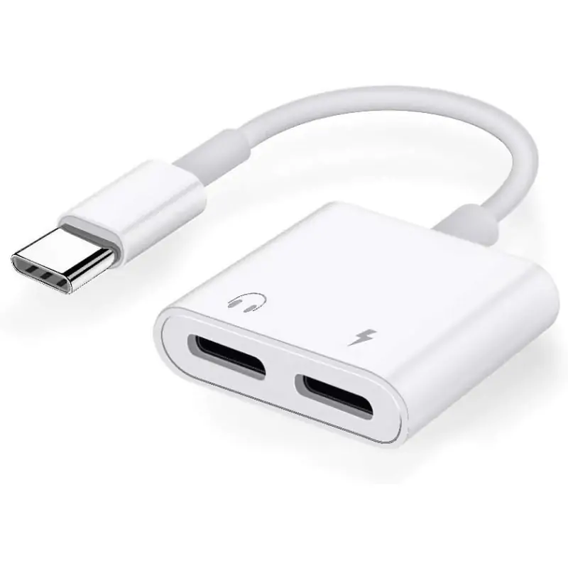 USB-C splitter. Dual opladning og earphone adapter. USB-C til USB-C splitter. Hvid. Praktisk USB-C splitter. Dual opladning og earphone adapter. Hvid.
