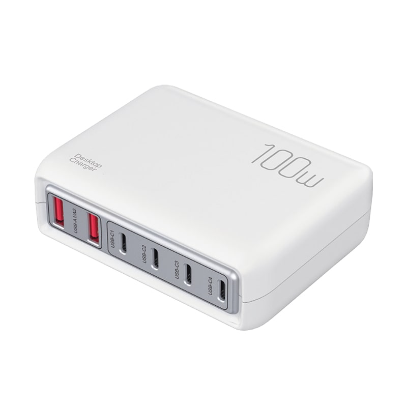 100W PD3.0 Multi-port USB-C/USB-A Hurtig Oplader. 6 Porte. Hvid. 100W PD3.0 Multi-port USB-C/USB-A Hurtig Oplader. 6 Porte. Hvid