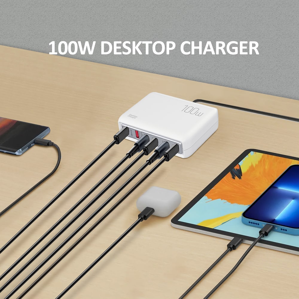 100W PD3.0 Multi-port USB-C/USB-A Hurtig Oplader. 6 Porte. Hvid. 100W PD3.0 Multi-port USB-C/USB-A Hurtig Oplader. 6 Porte. Hvid. - Billede 2