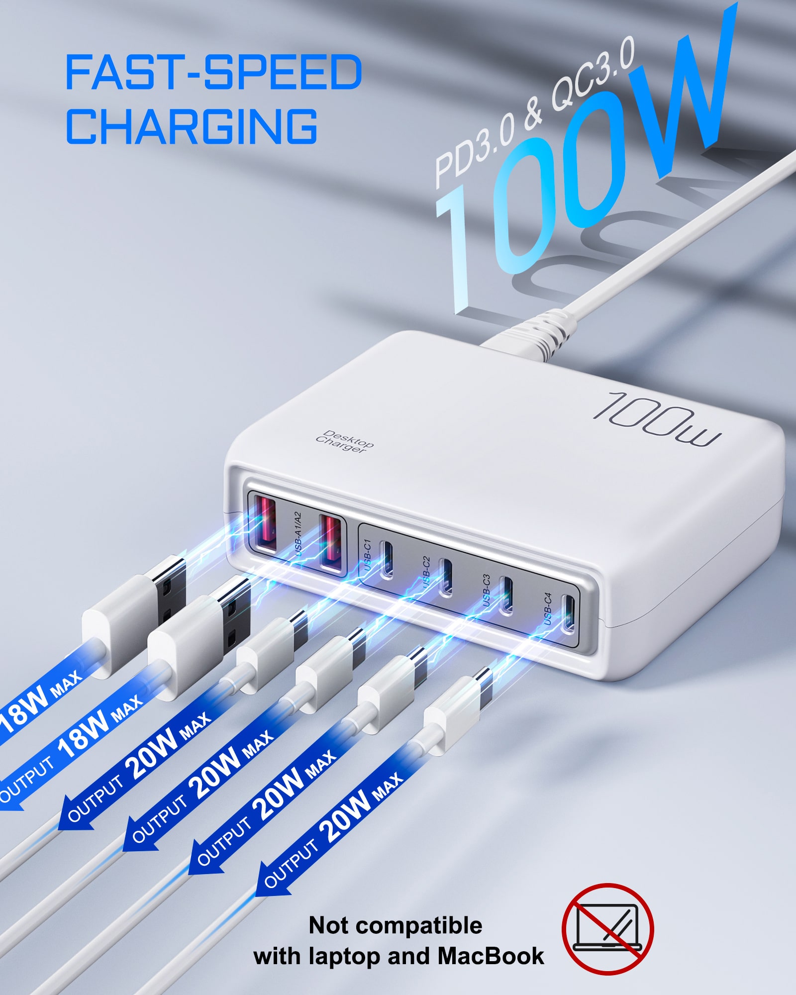 100W PD3.0 Multi-port USB-C/USB-A Hurtig Oplader. 6 Porte. Hvid. 100W PD3.0 Multi-port USB-C/USB-A Hurtig Oplader. 6 Porte. Hvid. - Billede 3