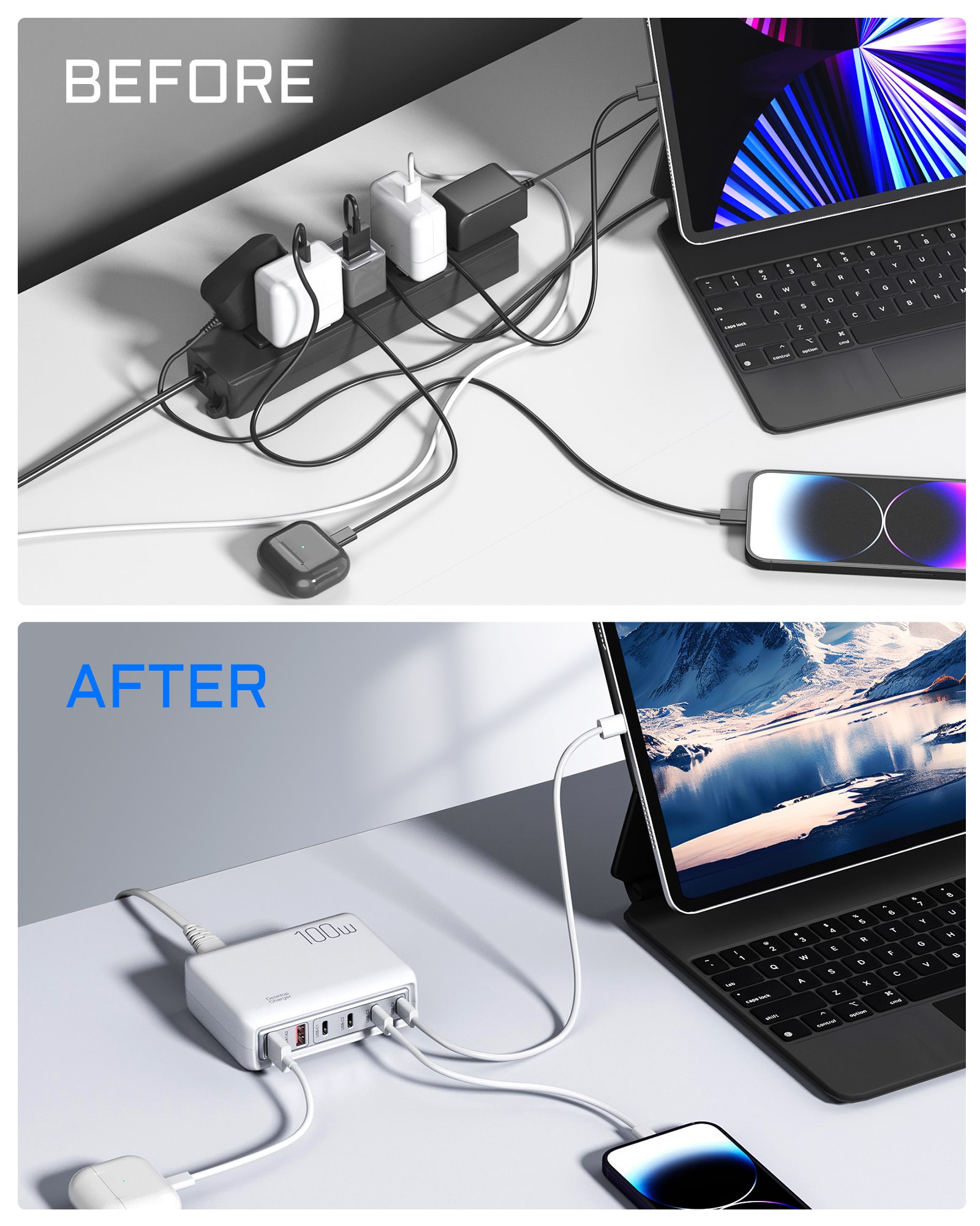 100W PD3.0 Multi-port USB-C/USB-A Hurtig Oplader. 6 Porte. Hvid. 100W PD3.0 Multi-port USB-C/USB-A Hurtig Oplader. 6 Porte. Hvid. - Billede 4