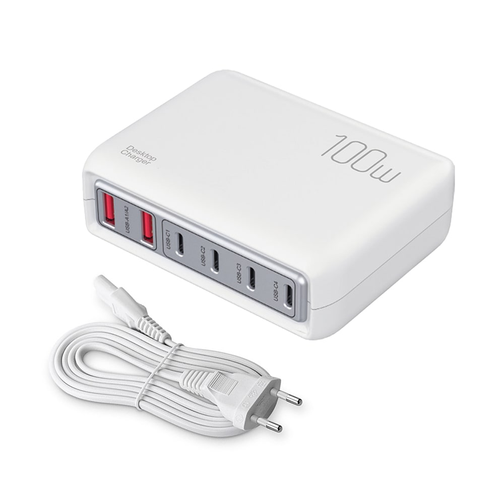 100W PD3.0 Multi-port USB-C/USB-A Hurtig Oplader. 6 Porte. Hvid. 100W PD3.0 Multi-port USB-C/USB-A Hurtig Oplader. 6 Porte. Hvid. - Billede 6