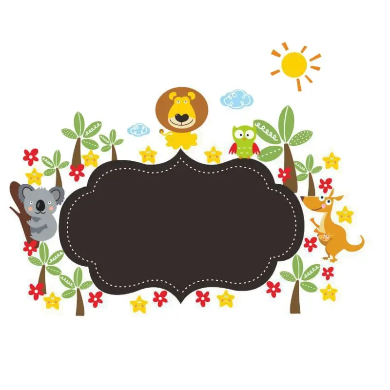 Sød tavle wallsticker til kridt med dyr, palmer, blomster mm. Tavle wallsticker til kridt med dyr, palmer, blomster mm.