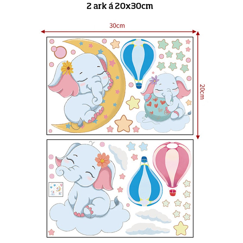 Sød selvlysende wallsticker med tre små elefant unger blandt luftballoner og stjerner. Sød selvlysende wallsticker med tre små elefant unger blandt luftballoner og stjerner. - Billede 6