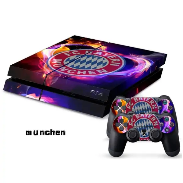 PS4 skin til konsol og to controllere. Bayerns logo i flammer Mobil, PC og tablet tilbehør
