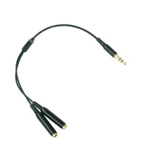 Minijack splitter til høretelefoner. 3.5mm stik. Metallic sort. Mobil, PC og tablet tilbehør