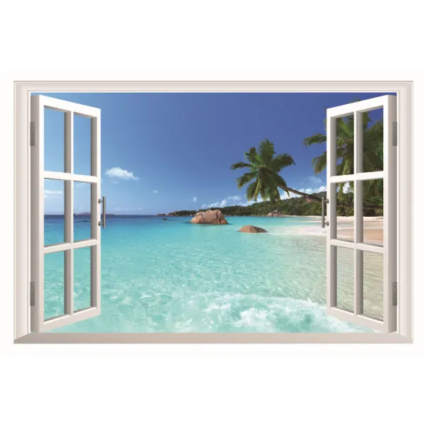 Vindue til paradis. Wallsticker med stranden som nabo. 90x60cm. Mobil, PC og tablet tilbehør