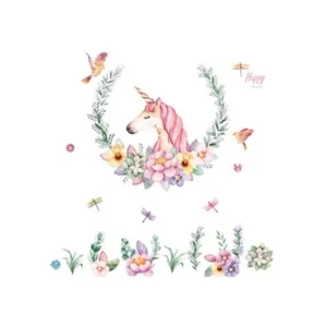 Flot enhjørning wallsticker med blomster, fugle & laurbærkrans. Mobil, PC og tablet tilbehør