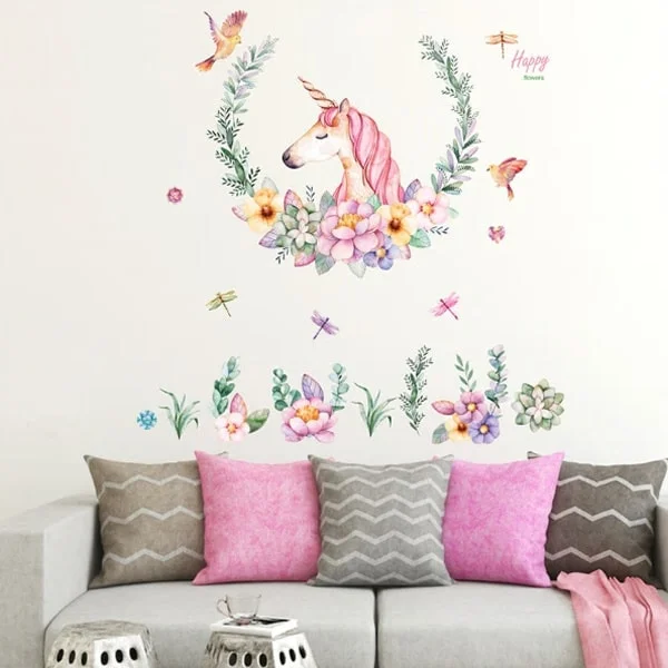 Flot enhjørning wallsticker med blomster, fugle & laurbærkrans. Flot enhjørning wallsticker med blomster, fugle & laurbærkrans. - Billede 2