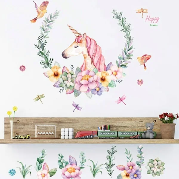 Flot enhjørning wallsticker med blomster, fugle & laurbærkrans. Flot enhjørning wallsticker med blomster, fugle & laurbærkrans. - Billede 3