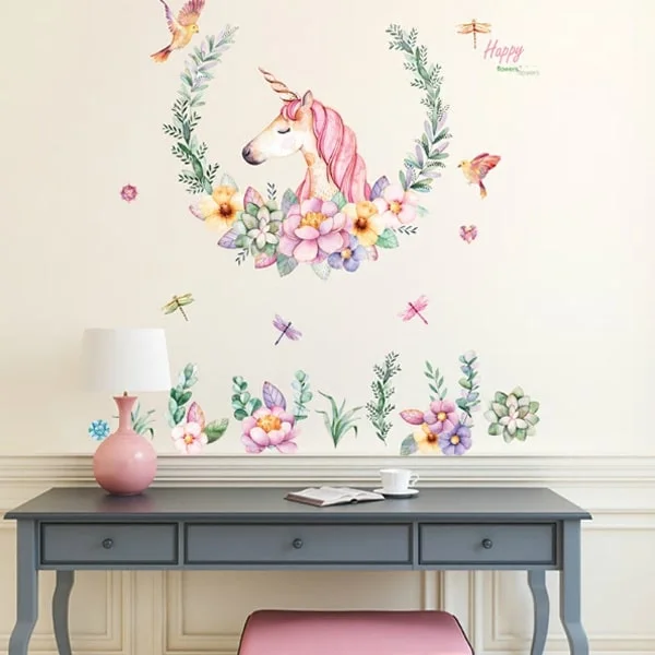 Flot enhjørning wallsticker med blomster, fugle & laurbærkrans. Flot enhjørning wallsticker med blomster, fugle & laurbærkrans. - Billede 4