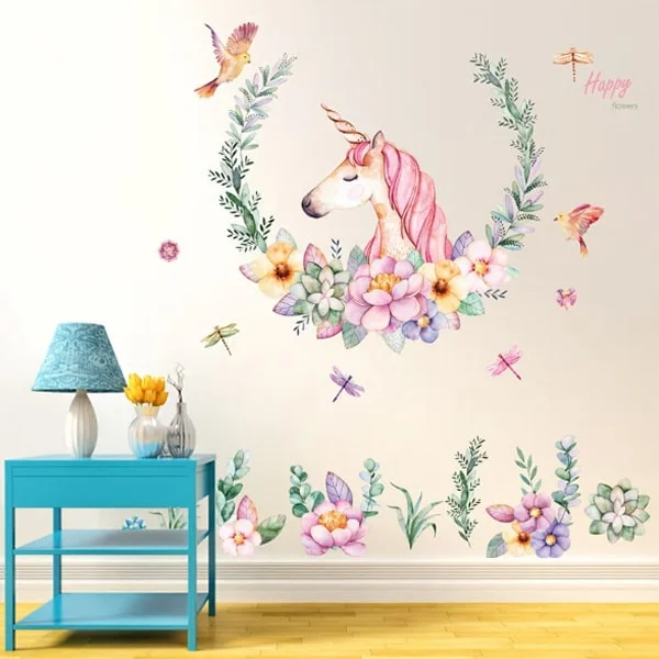 Flot enhjørning wallsticker med blomster, fugle & laurbærkrans. Flot enhjørning wallsticker med blomster, fugle & laurbærkrans. - Billede 5