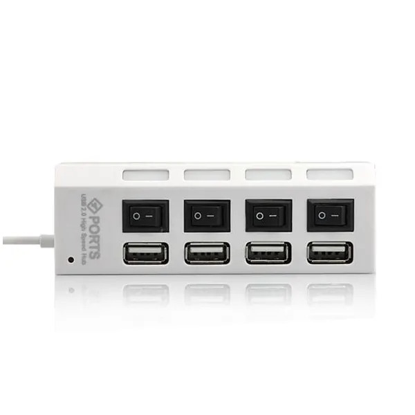 Hvid 4-Ports USB 2.0 Hi-Speed Hub. Med On/Off knapper. Mobil, PC og tablet tilbehør