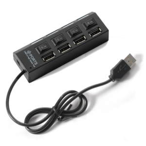 Sort 4-Ports USB 2.0 Hi-Speed Hub. Med On/Off knapper. Mobil, PC og tablet tilbehør