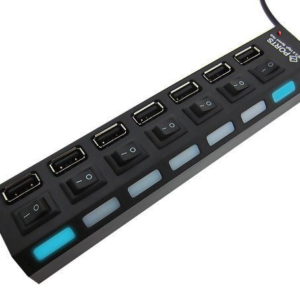 Sort 7-Ports USB 2.0 Hi-Speed Hub. Med On/Off knapper. Mobil, PC og tablet tilbehør
