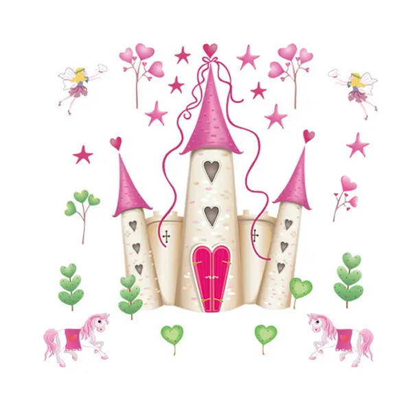 Sød wallsticker med et slot, hjerter og heste. 90x88cm. Mobil, PC og tablet tilbehør